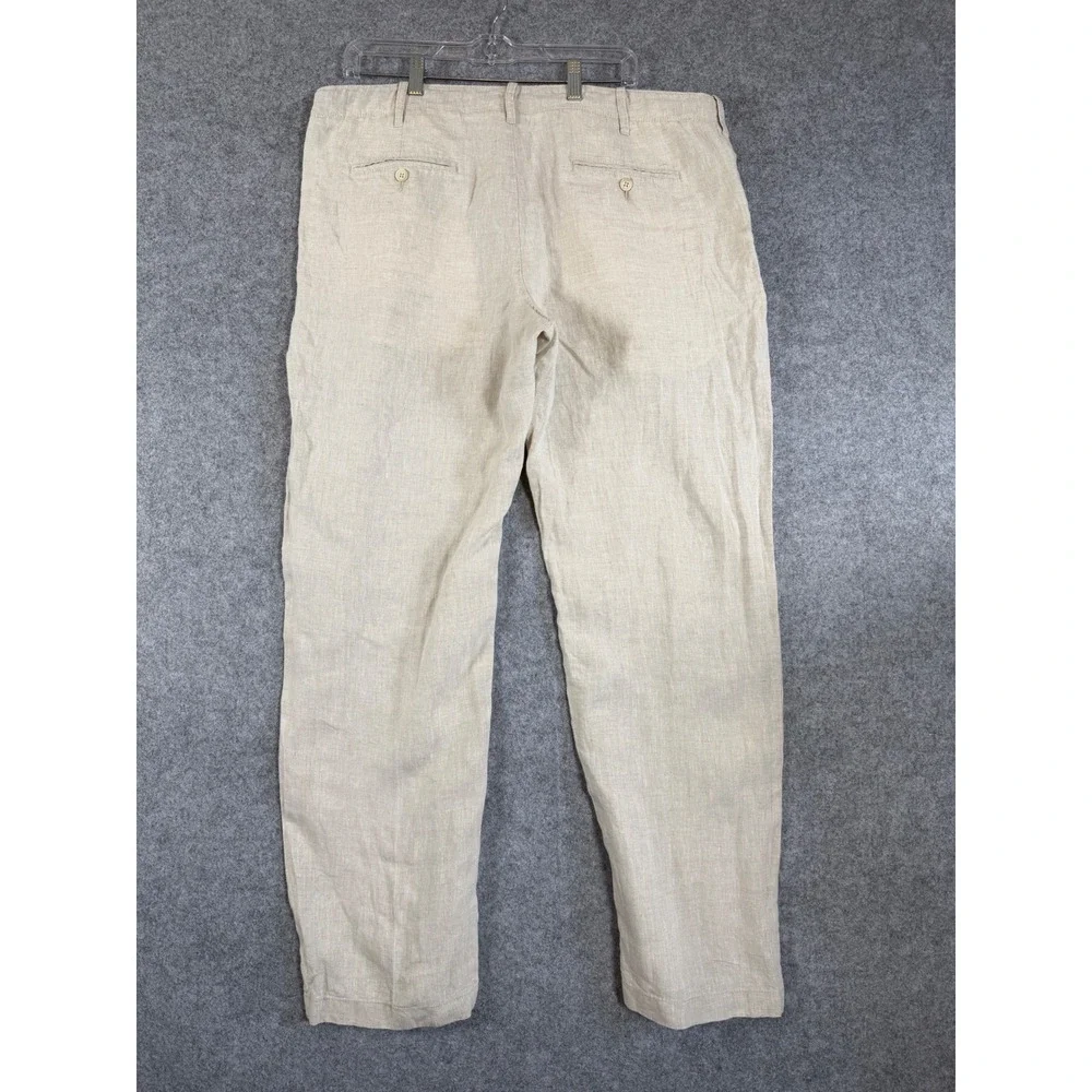 Perry Ellis Linen Pants Mens 36 Beige Excellent Drawstring Button Fly Straight